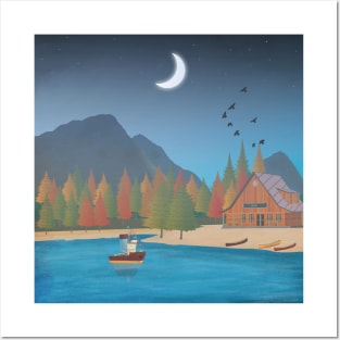 Mountain scene with lake and cabin Posters and Art